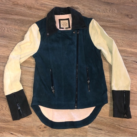 CHASER Suede Leather Blue Body Cream & Grey Cuff Sleeves Colour Block Moto Sz XS - Picture 2 of 11